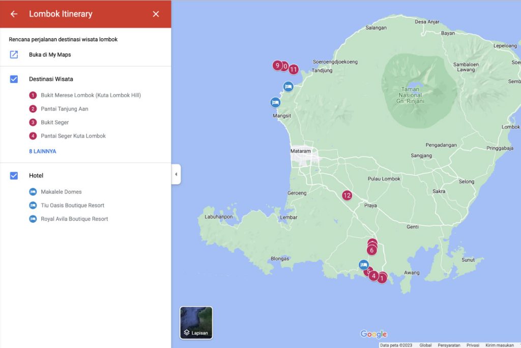 Membuat peta custom di Google Map dan memetakan destinasi wisata, hotel dan akomodasi (dok. Google Map)